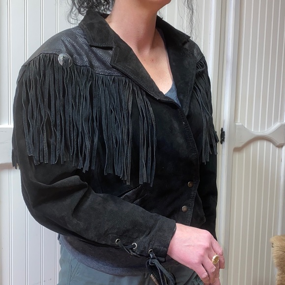 90s Western Fringe Black Leather Jacket M Vintage Cowgirl - Picture 7 of 9